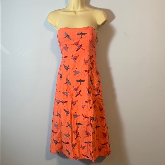 Free people coral pin stripe Orange Parrots bird Print Strapless Dress pockets 6 - Picture 1 of 8
